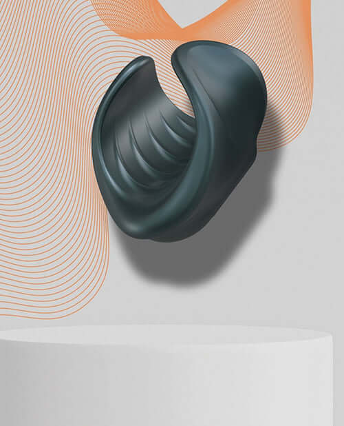 Manwan Starter Travel Vibrating Masturbator Pine Grey displayed with a modern design against an abstract background.