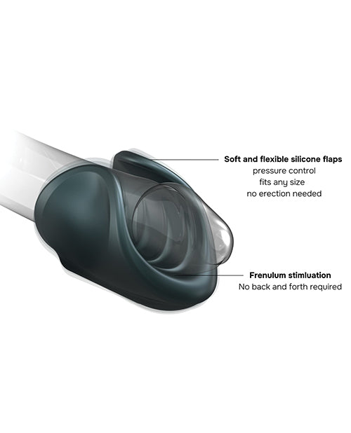 Image of the Manwan Starter Travel Vibrating Masturbator Pine Grey showing soft silicone flaps and frenulum stimulation features.