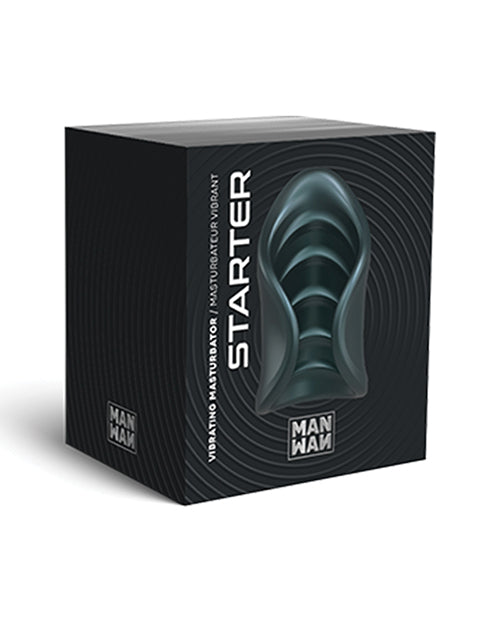 Manwan Starter Travel Vibrating Masturbator Pine Grey packaging design featuring ergonomic shape and stylish text.