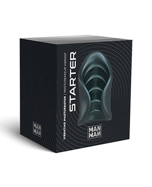 Manwan Starter Travel Vibrating Masturbator Pine Grey packaging design featuring ergonomic shape and stylish text.
