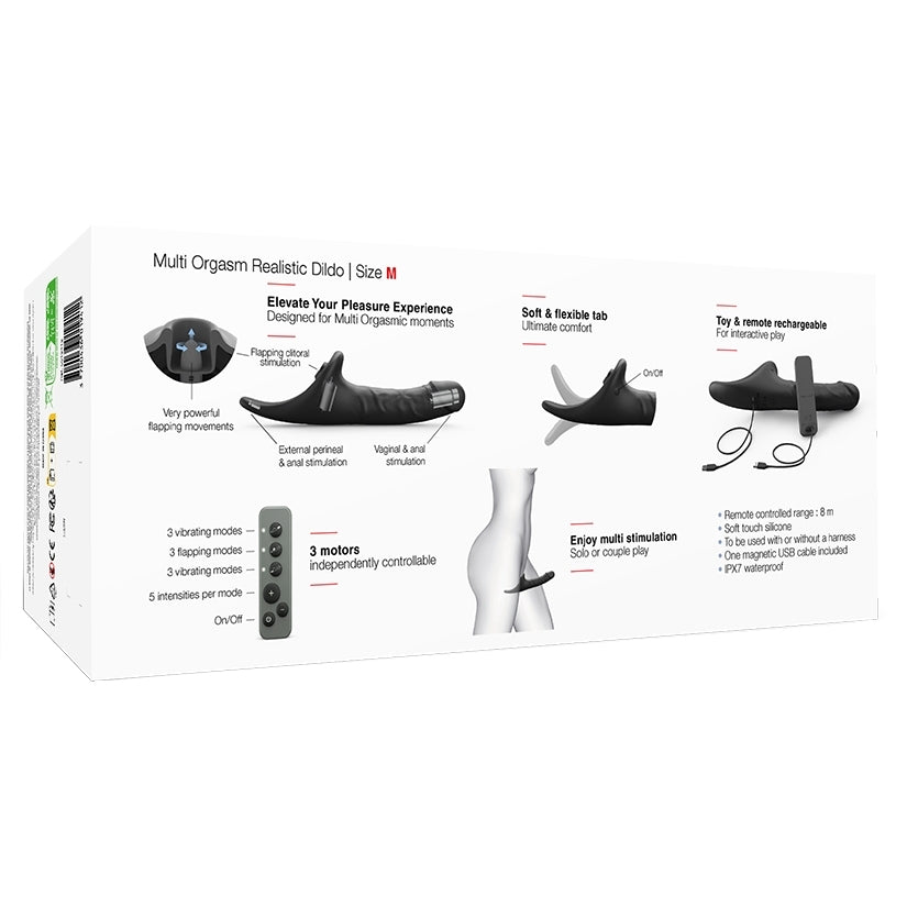 Strap On Me Multi Orgasm Realistic Dildo Black M packaging highlighting features for pleasure enhancement.