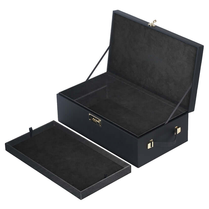 Strap On Me Le Coffret Prestige Lock Case open, featuring a soft velvet interior and elegant black design.