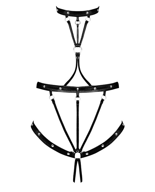 Lust Seducer Strappy Cupless Crotchless Teddy Black showcasing bold strappy design with open cups and adjustable features.