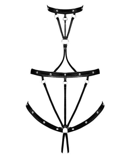 Lust Seducer Strappy Cupless Crotchless Teddy Black showcasing bold strappy design with open cups and adjustable features.