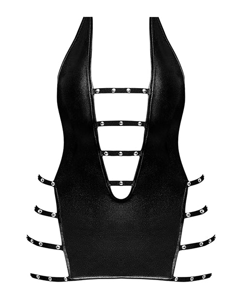 Lust Portia Mini Dress Plush Strapping Black L XL featuring deep V-plunge and strappy elastic accents.