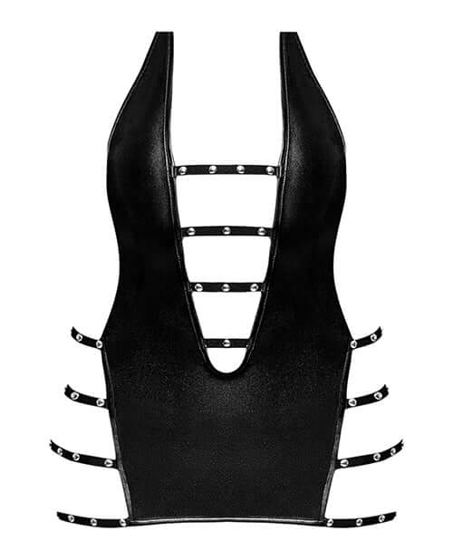 Lust Portia Mini Dress Plush Elastic Strapping Black S M featuring deep V-plunge neckline and plush strappy elastic accents.