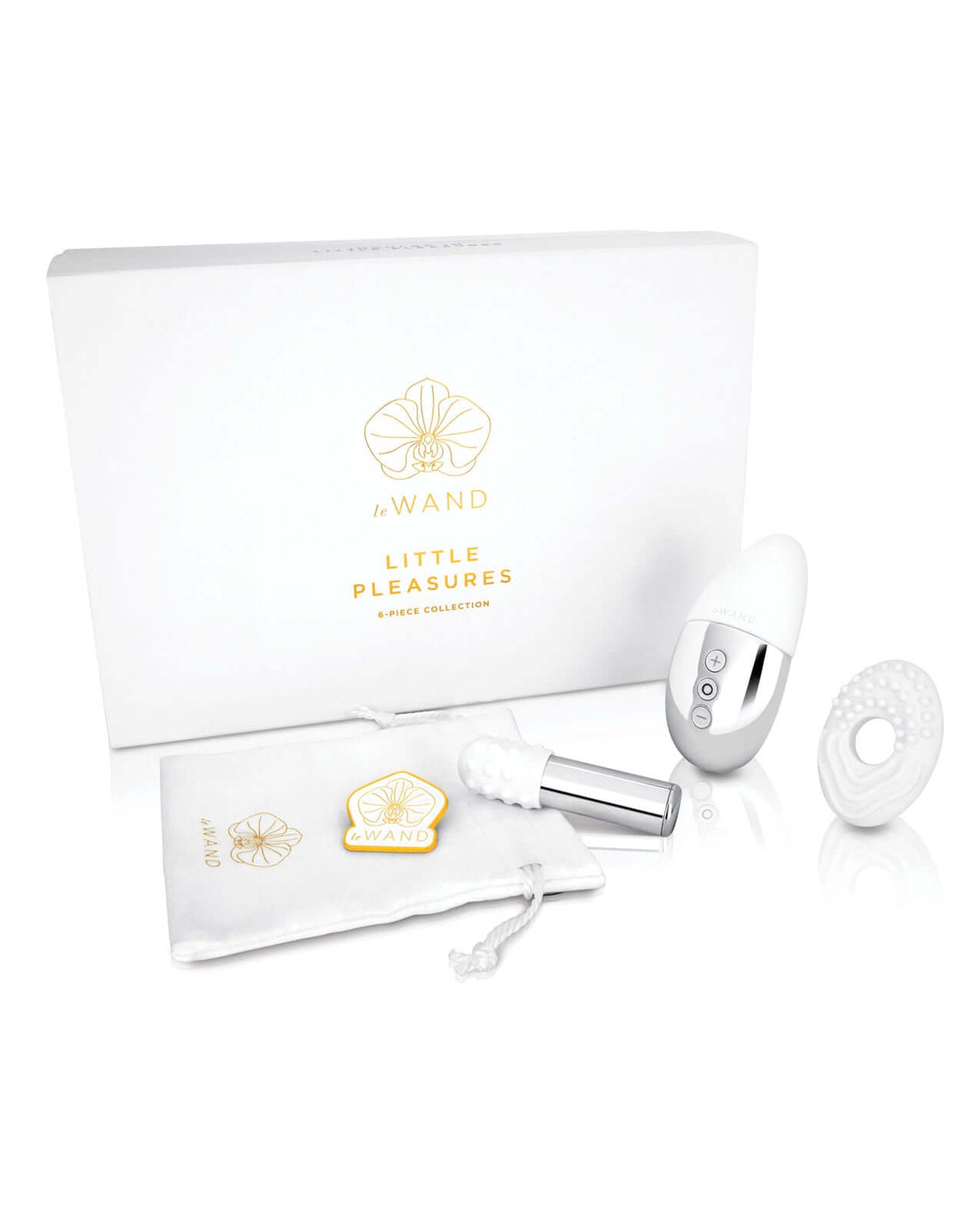 Le Wand Little Pleasures 6 Piece Kit Chrome with box and accessories in elegant white and silver design.