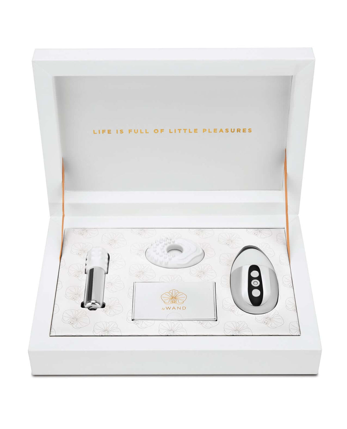 Le Wand Little Pleasures 6 Piece Kit Chrome elegantly displayed in a white keepsake box.