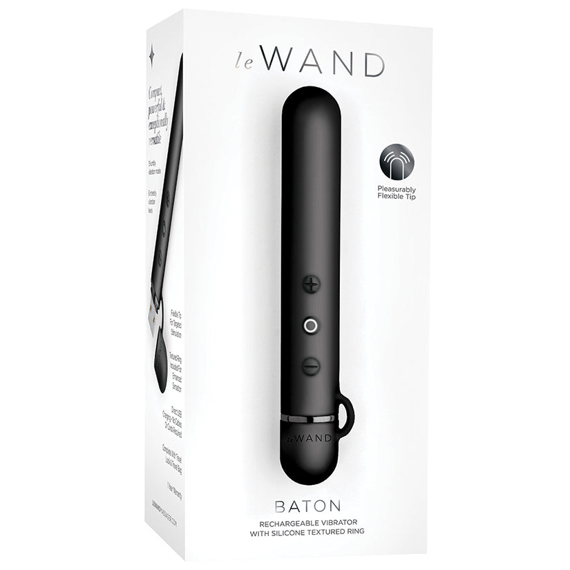 Le Wand Chrome Baton Vibrator Black shown in packaging with recharge options and silicone textured ring.