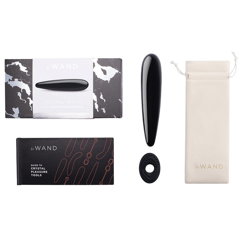 Le Wand Crystal Wand Black Obsidian Probe with packaging and included accessories displayed.