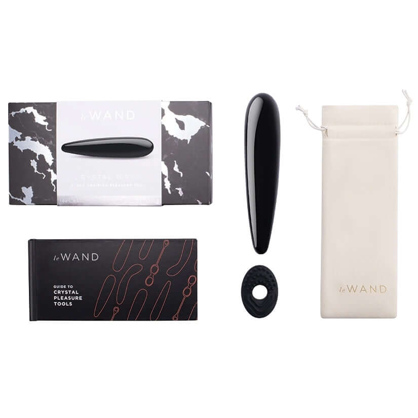 Le Wand Crystal Wand Black Obsidian Probe with packaging and included accessories displayed.