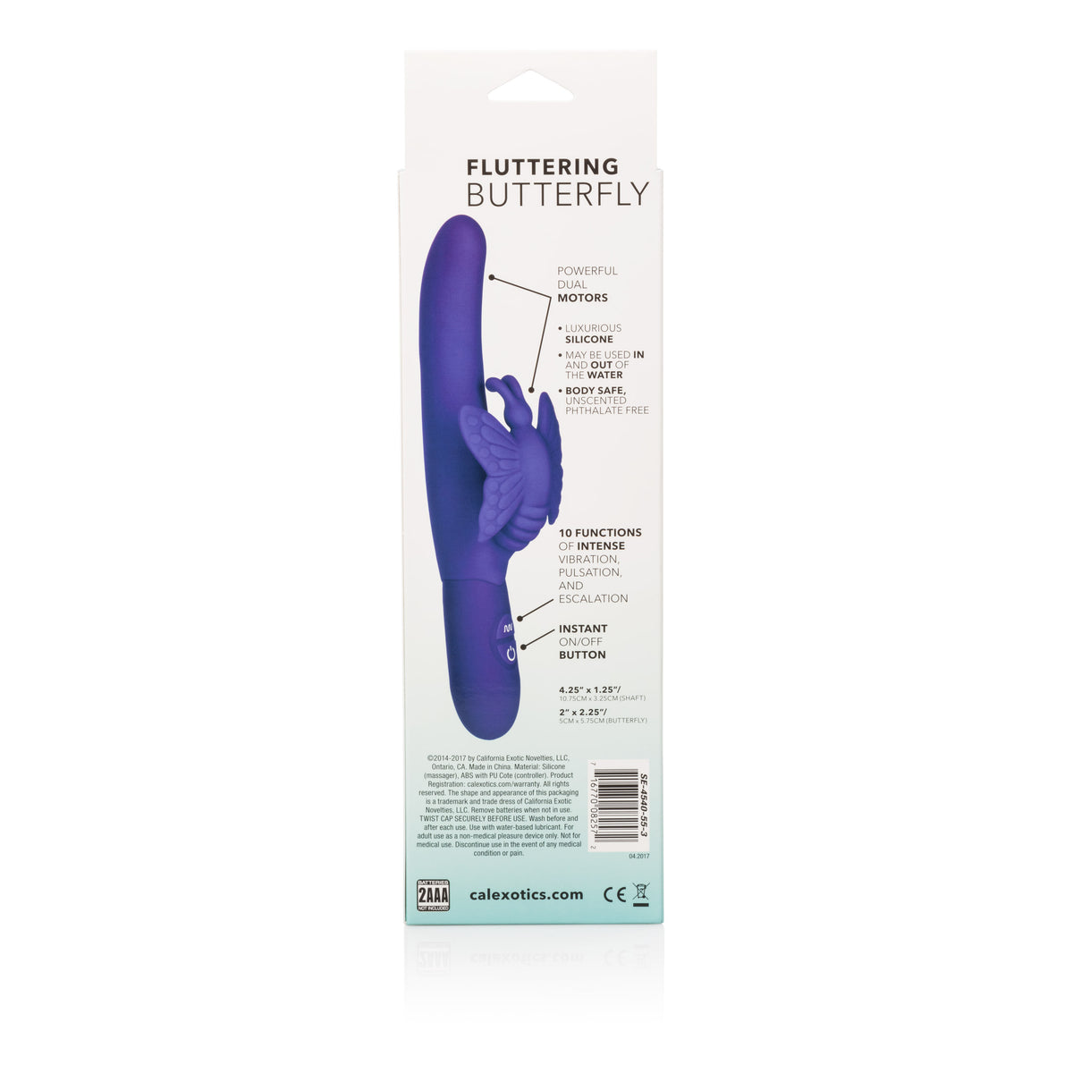 CalExotics Posh Fluttering Butterfly Vibrator Purple packaging showcasing features and design details.