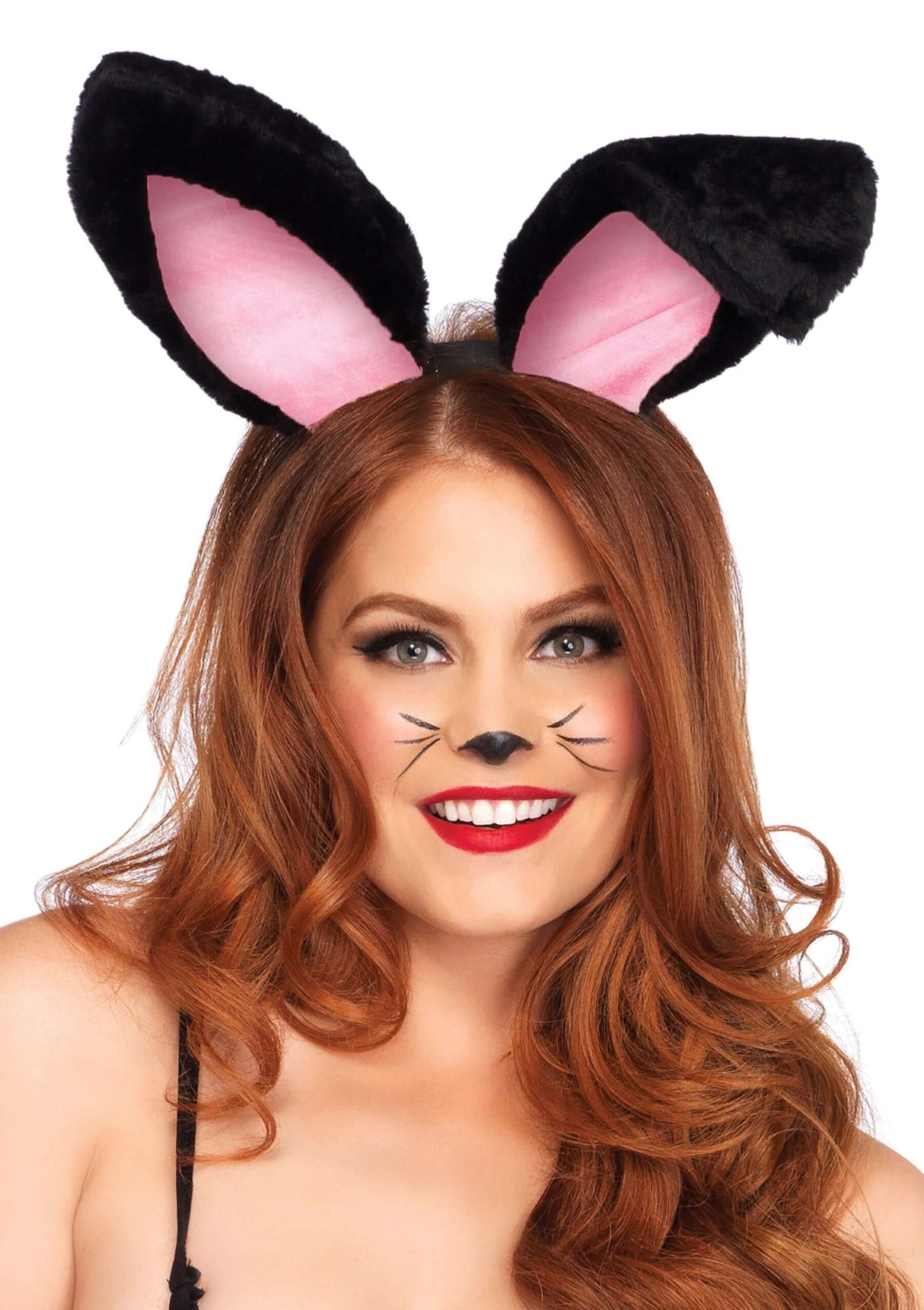 Leg Avenue Plush Bunny Rabbit Ears Headband Black worn by a model with bunny makeup and long hair.
