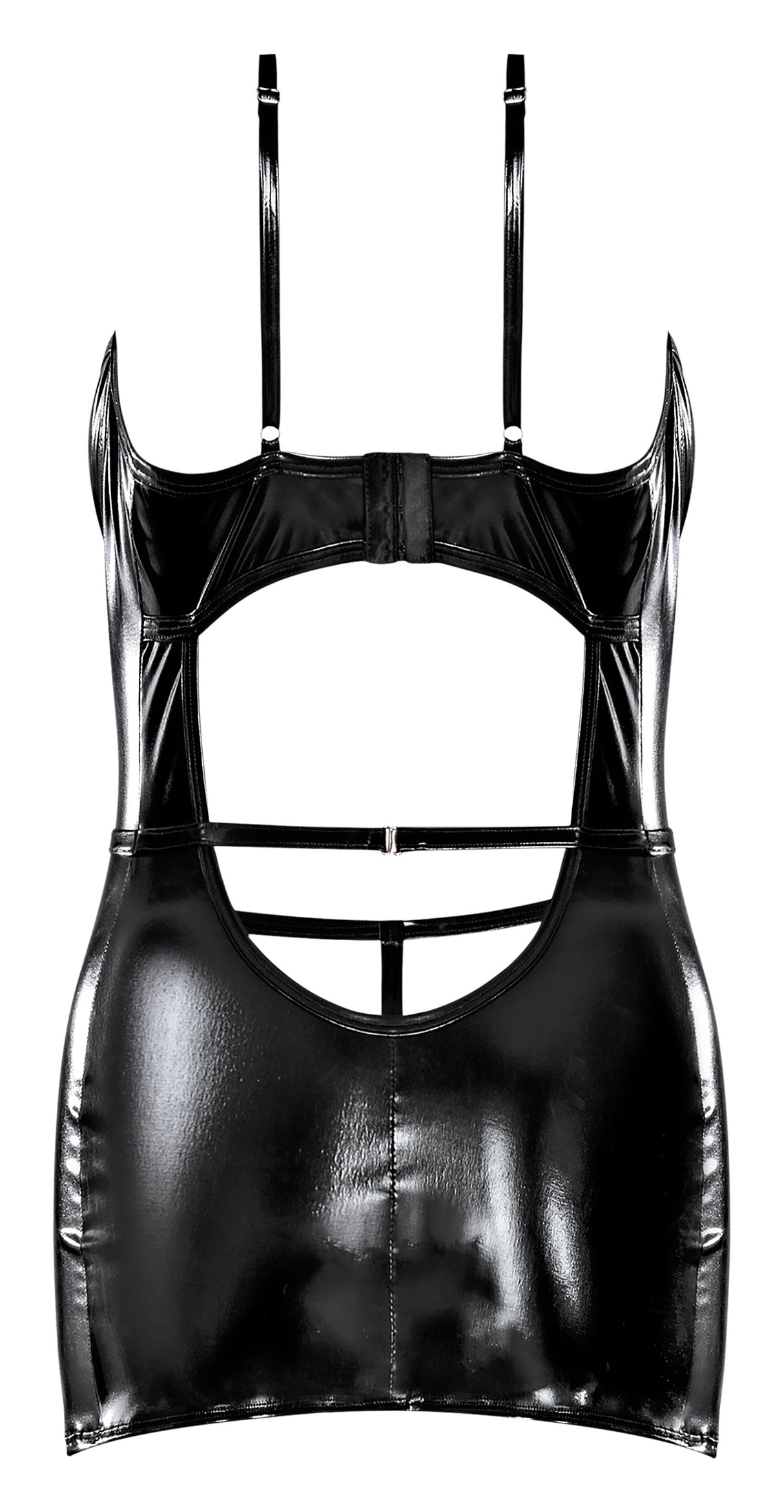 Liquid Onyx Cut Out Mini Dress & G-String Set Black featuring a provocative back cutout design.