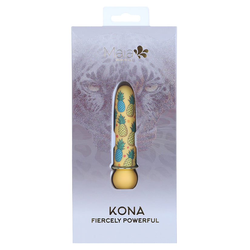 Maia Kona Fiercely Powerful Bullet Vibrator in packaging with tropical pineapple design.
