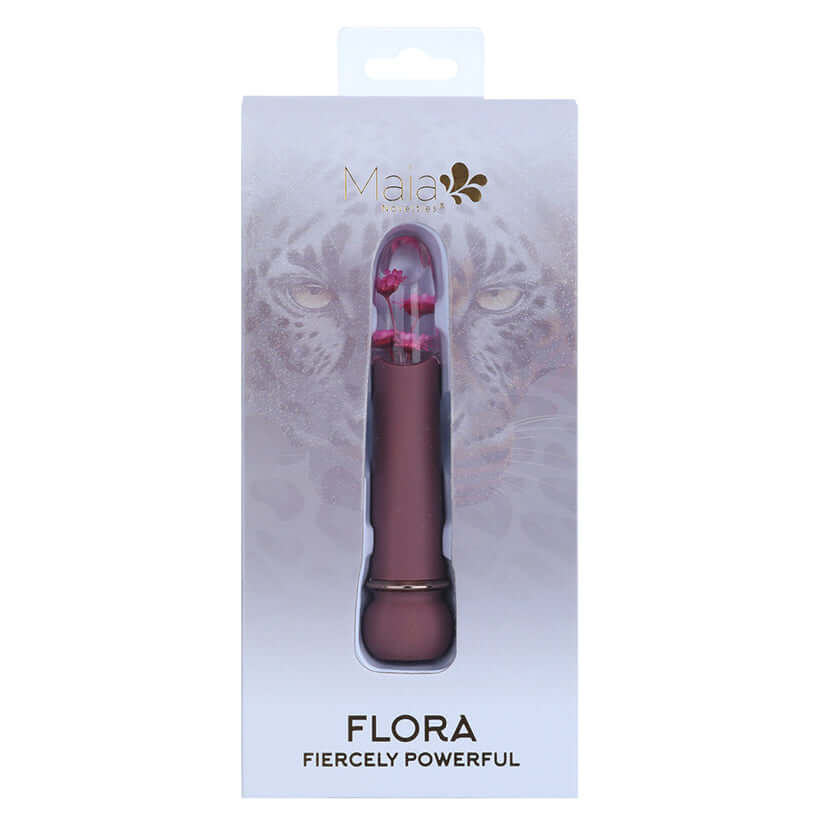 Maia Flora Fiercely Powerful Bullet Vibrator Burgundy in elegant packaging with floral design.