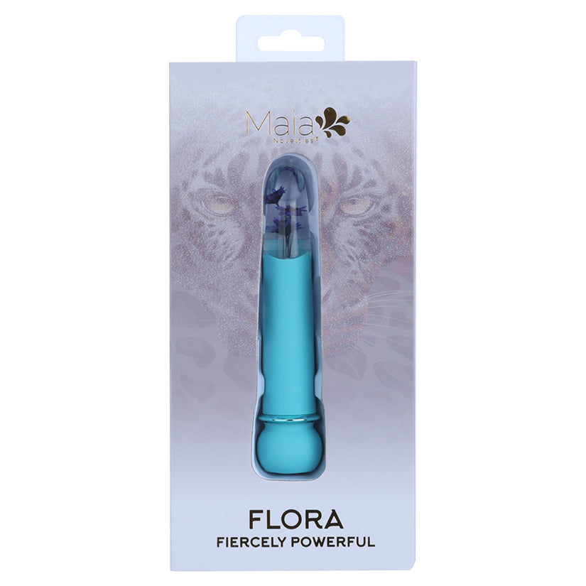 Maia Flora Fiercely Powerful Vibrator Teal in packaging showcasing its beautiful design and powerful features.