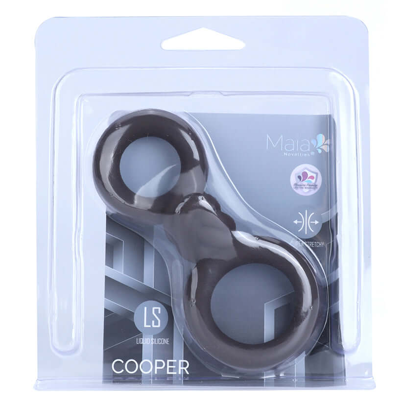 Maia Cooper Liquid Silicone Dual Super Stretch C-Ring Brown in packaging with display information.