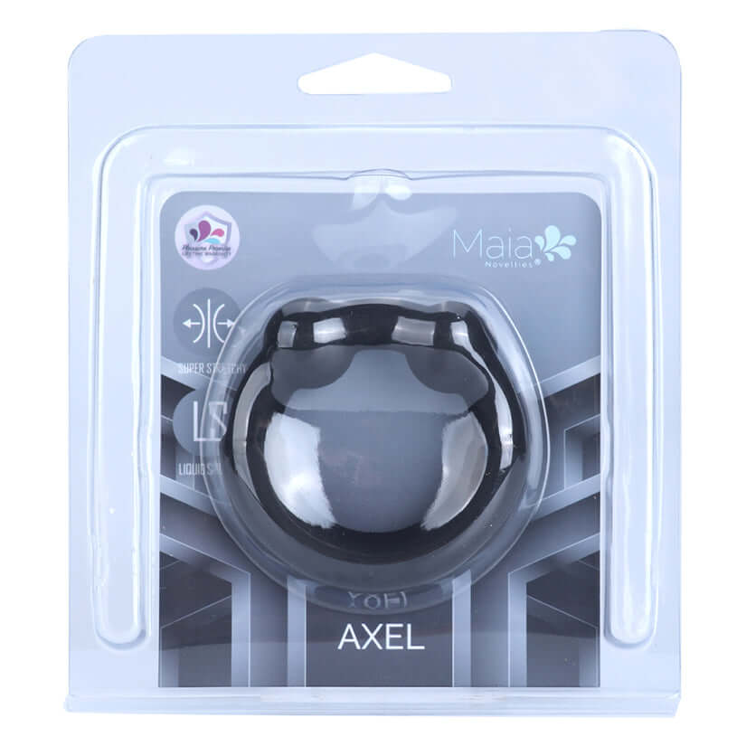 Maia Axel Liquid Silicone Metal Reinforced Super Stretch C-Ring in packaging, designed for comfort and intense results.