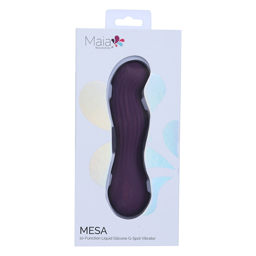Packaging for Maia Mesa Liquid Silicone G-Spot Vibrator, featuring sleek design and vibrant colors.