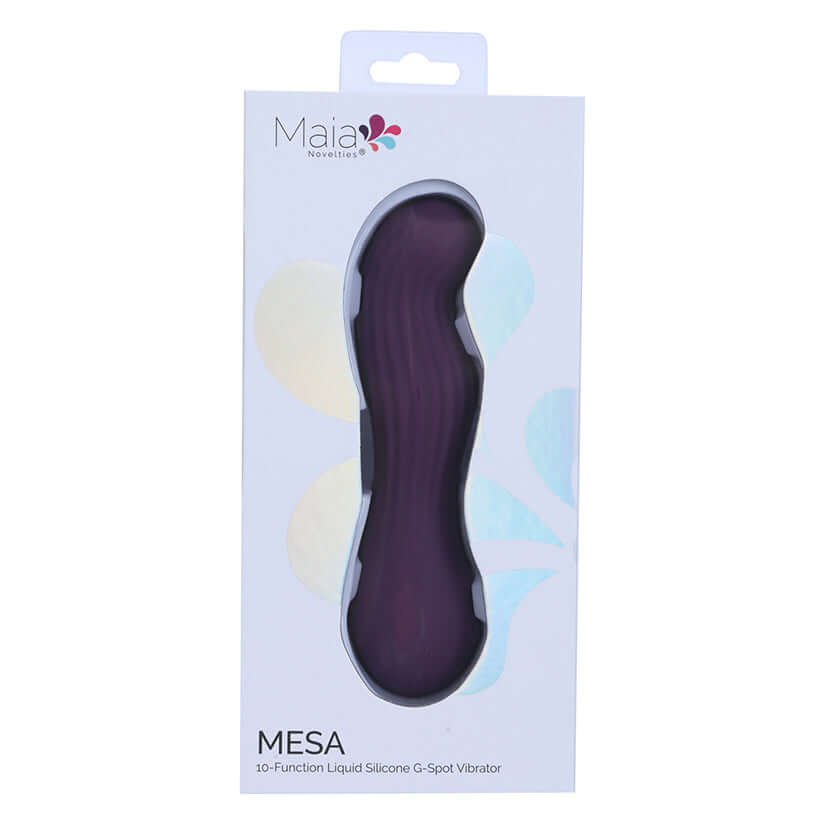 Packaging for Maia Mesa Liquid Silicone G-Spot Vibrator, featuring sleek design and vibrant colors.