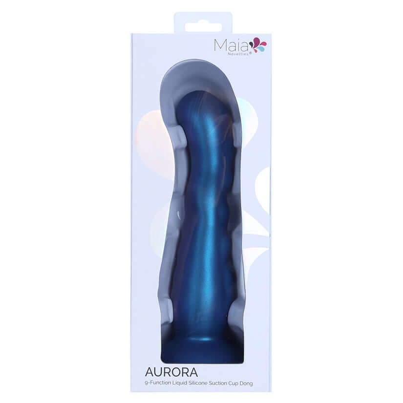 Maia Aurora Vibrating Liquid Silicone Suction Cup Dong in blue packaging, showcasing its elegant design.