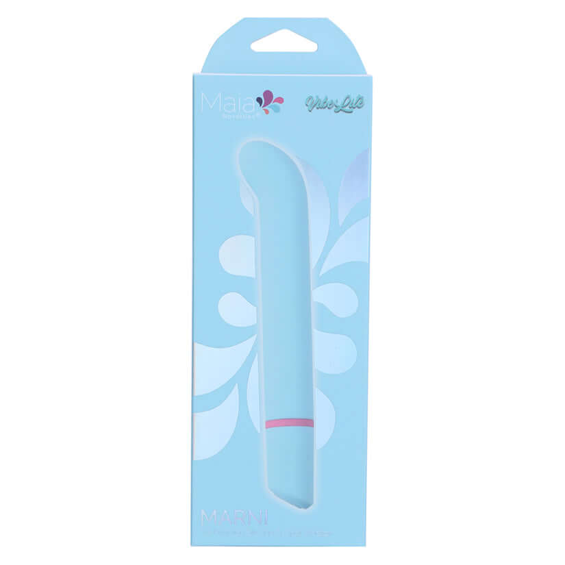 Maia Marni Vibelite Silicone G-Spot Vibrator in packaging, featuring a sleek blue design.