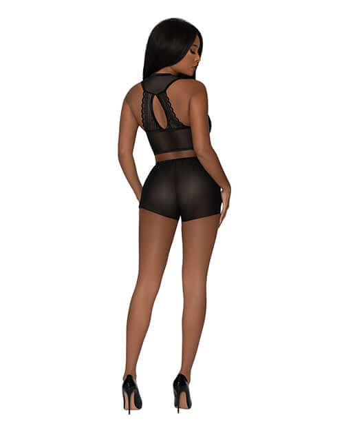 Modern Romance Tie Front Halter & Tap Pant Black S M shown from the back, featuring lace and mesh details.