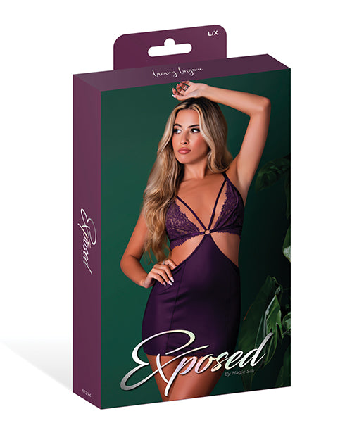 Exposed Leather & Lace Chemise Thong Set Plum L XL packaging featuring elegant lace and bold design.