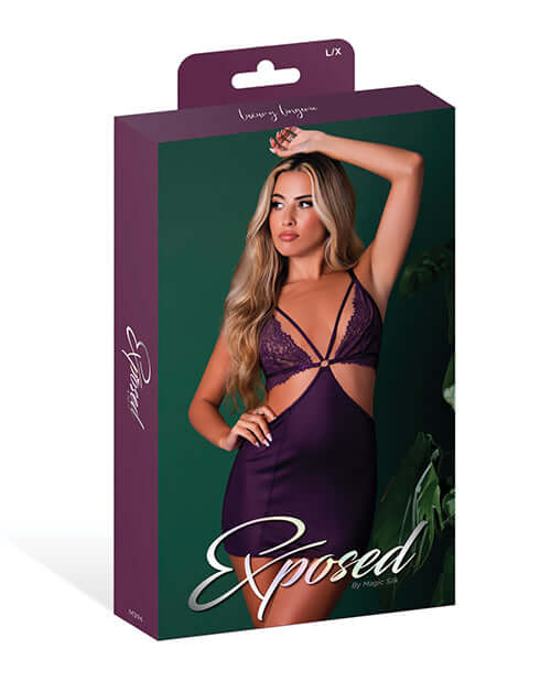 Exposed Leather & Lace Chemise Thong Set Plum L XL packaging featuring elegant lace and bold design.