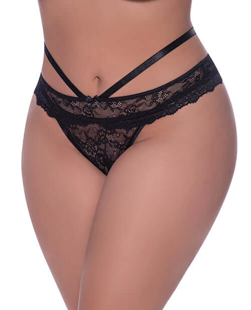 Ooh La Lace Peek-a-Boo Cheeky Panty Black Queen featuring lace and elastic straps for a seductive look.