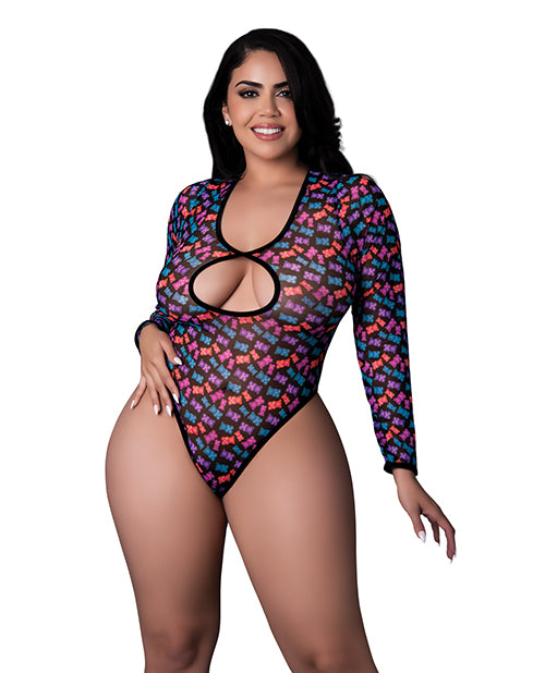 Hazy Dayz Gummy Bears Blacklight Reflective Teddy Multi QN showcasing a model in vibrant gummy bear print teddy.