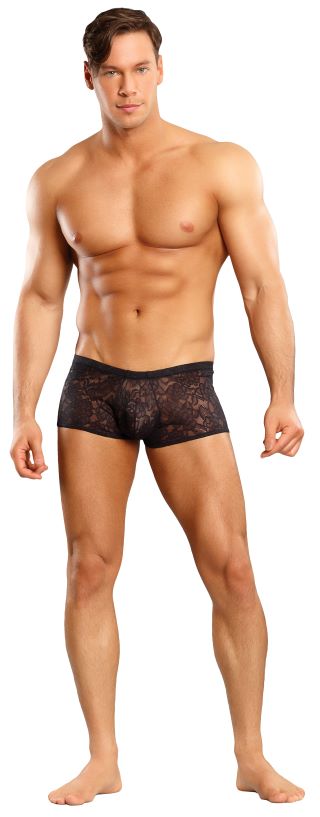 Male Power Mini Short Stretch Lace Black Small on a model showcasing a bold floral lace design for comfort and confidence.