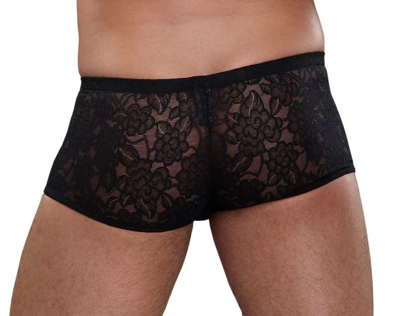Male Power Mini Short Stretch Lace Black Small showcasing a floral lace design for confidence and comfort.