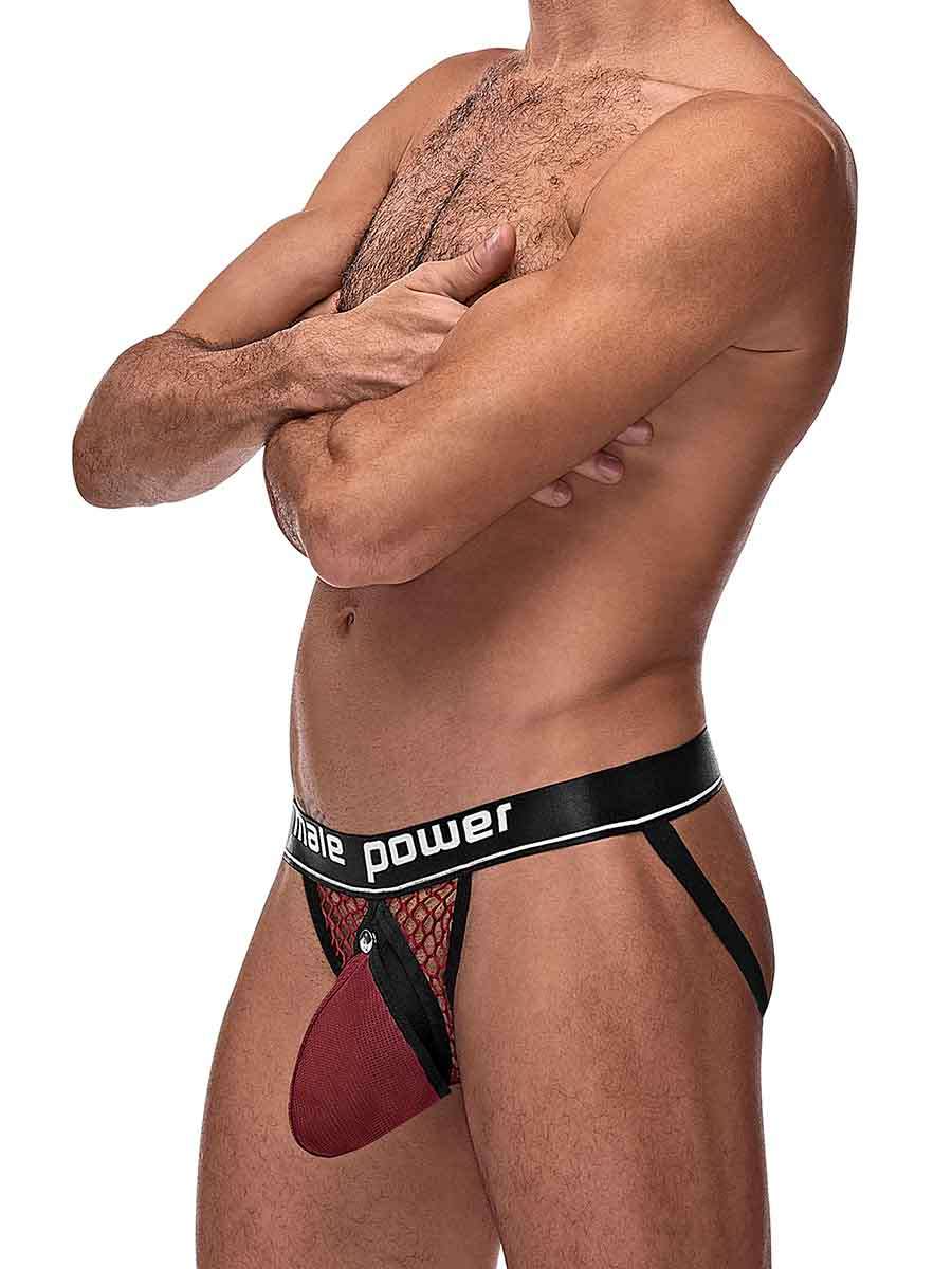 Cock Pit Cock Ring Jock Burgundy L/XL showcased on a male model, featuring a fishnet design and elastic support.