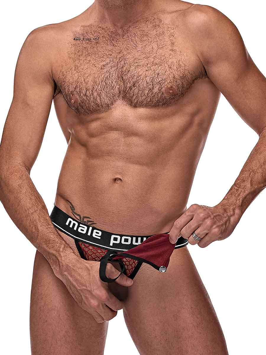 Cock Pit Cock Ring Jock Burgundy L/XL worn by a man, featuring elastic support and removable pouch design.