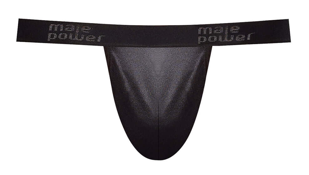 Male Power Satin Lycra Jock Strap Black Small Medium front view showcasing sleek design and plush elastic waistband.