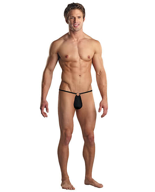 Male Power G-String with Front Ring Black One Size on a male model, showcasing body-hugging fit and stylish design.
