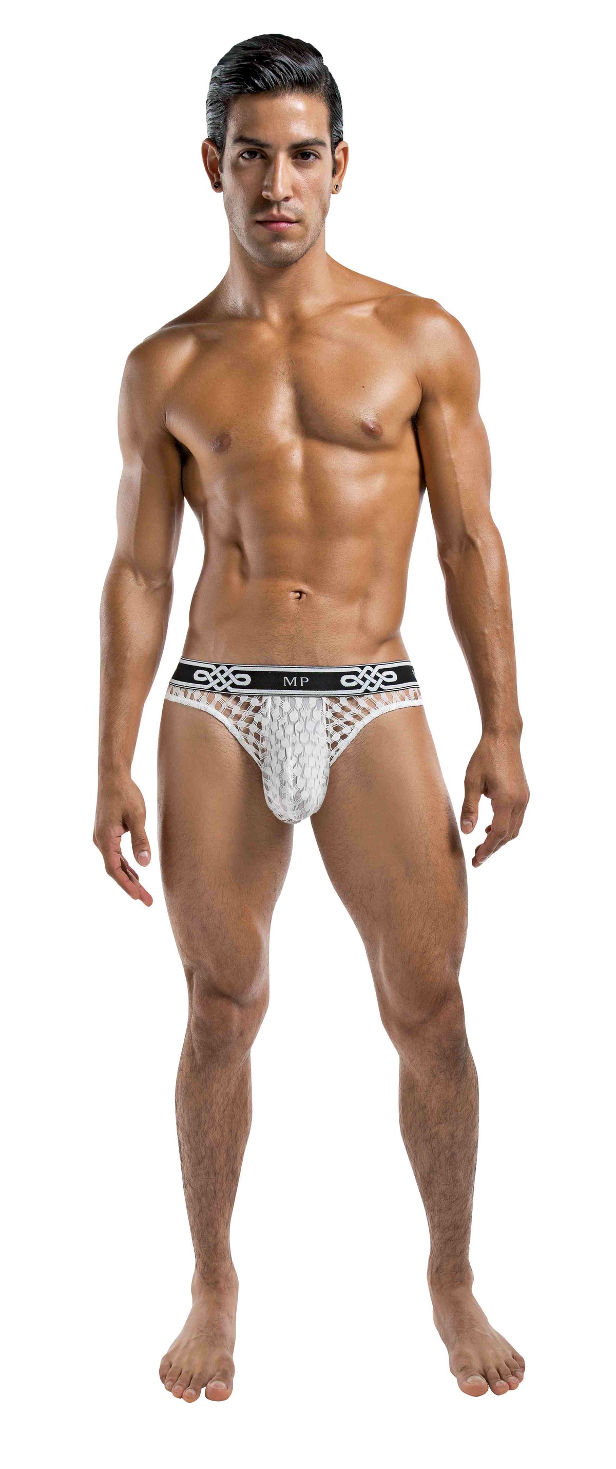 Male Power Peep Show Low Rise Thong White Small to Medium on a male model, showcasing its striking design.