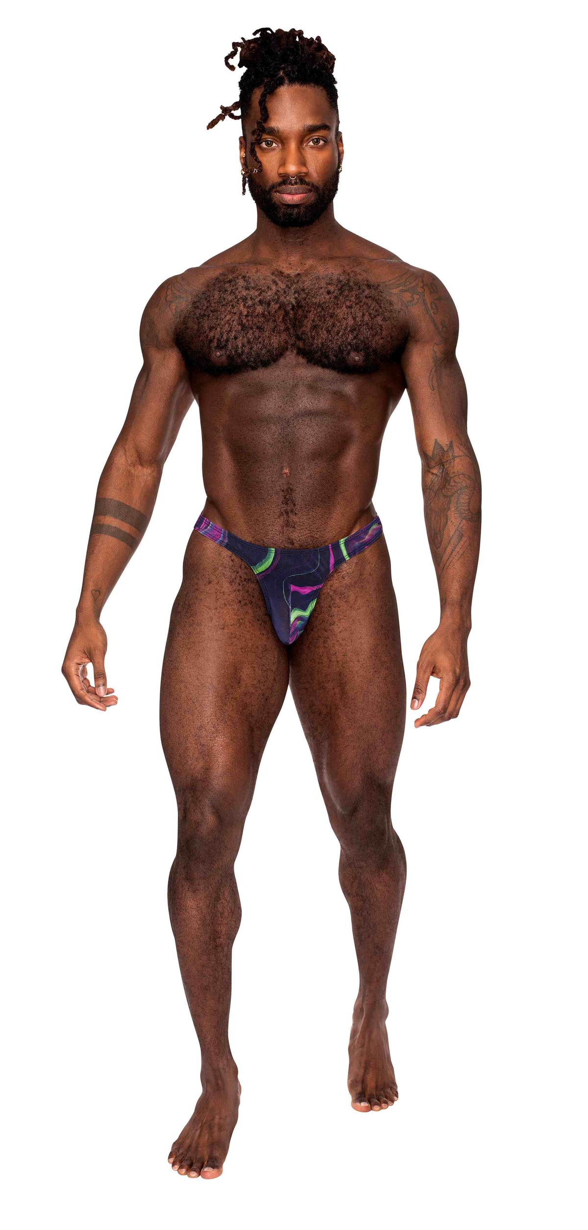 Male Power Galactic Print Bong Thong S/M model showcasing multicolor space print and thong design.