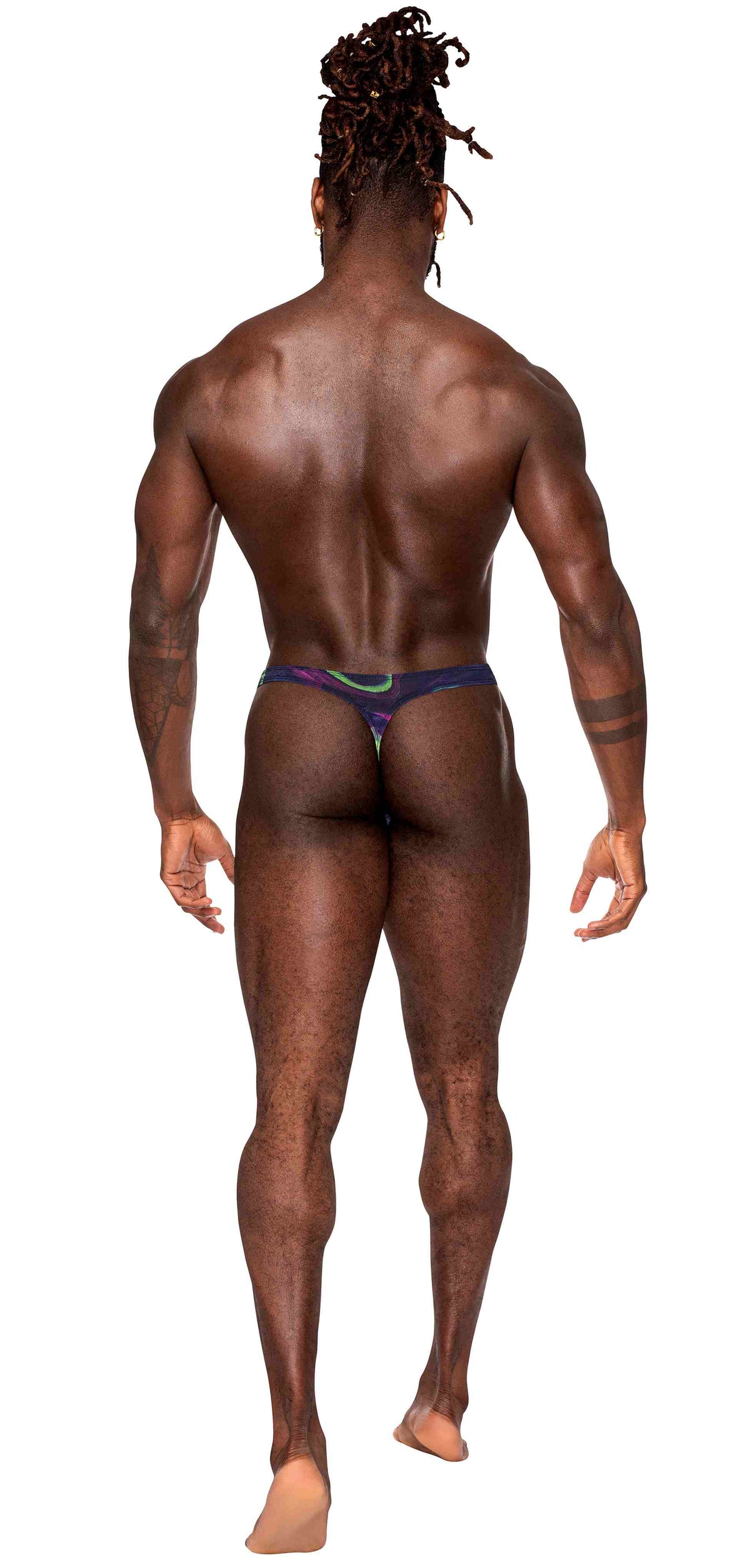 Male Power Galactic Print Bong Thong S/M shown from the back, featuring cosmic design and a low-cut waist.