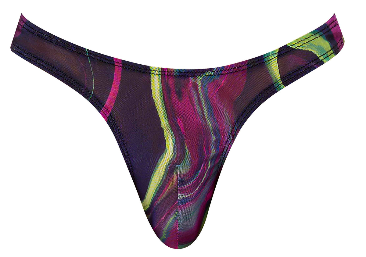 Male Power Galactic Print Bong Thong L/XL featuring a bold cosmos design in multi-color sheer fabric.
