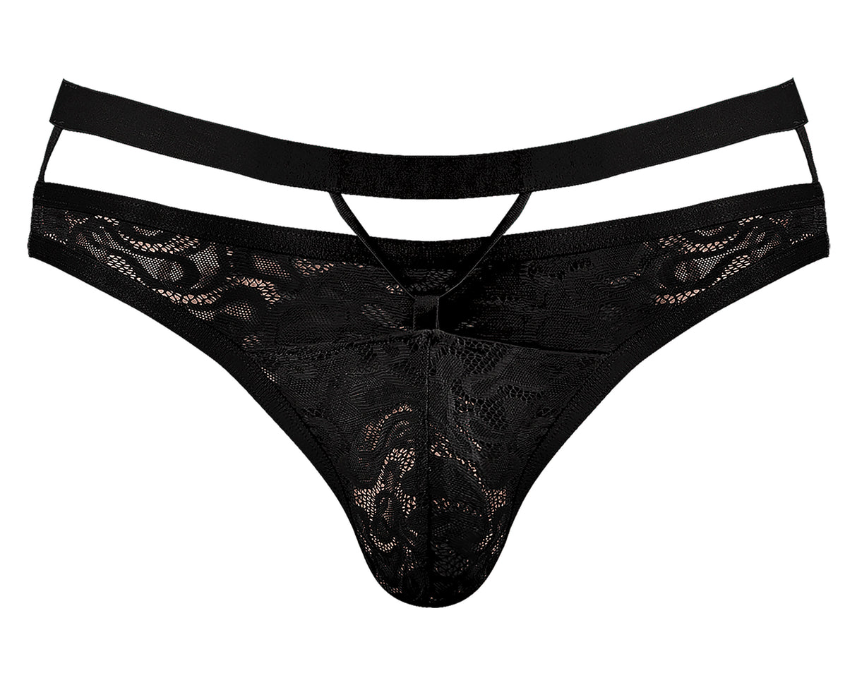 Male Power Lucifer Cutout Thong Black S M featuring lace design and criss-cross straps for a provocative look.