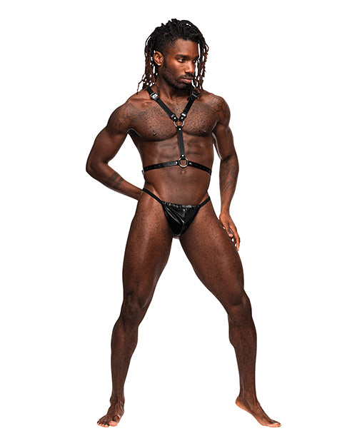 Male Power Sagittarius Leather Harness Black worn by a model showing off the bold design and edgy style.