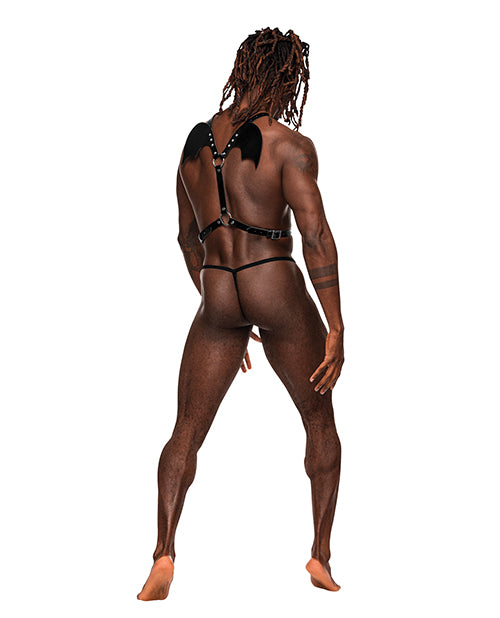 Male Power Sagittarius Leather Harness Black showcased on a model from the back featuring bat wings and adjustable straps.