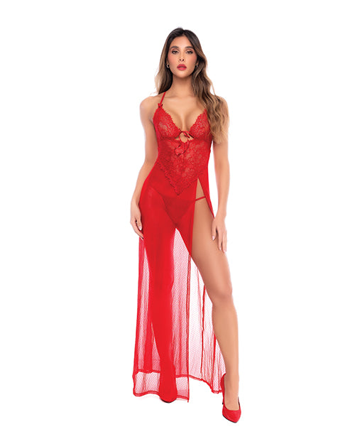 Mapale Dotted Lace Mesh Maxi Dress Slit Thong Red S M showcasing a model in a daring red dress with a high slit.