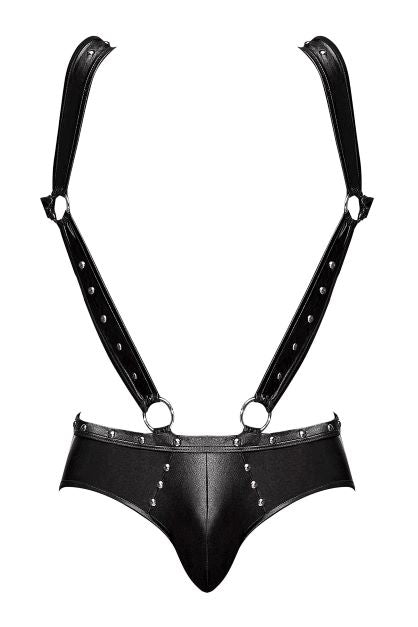 Male Power Uranus Studded Harness Brief Black L/XL showcasing a bold faux-leather design with straps and studs.