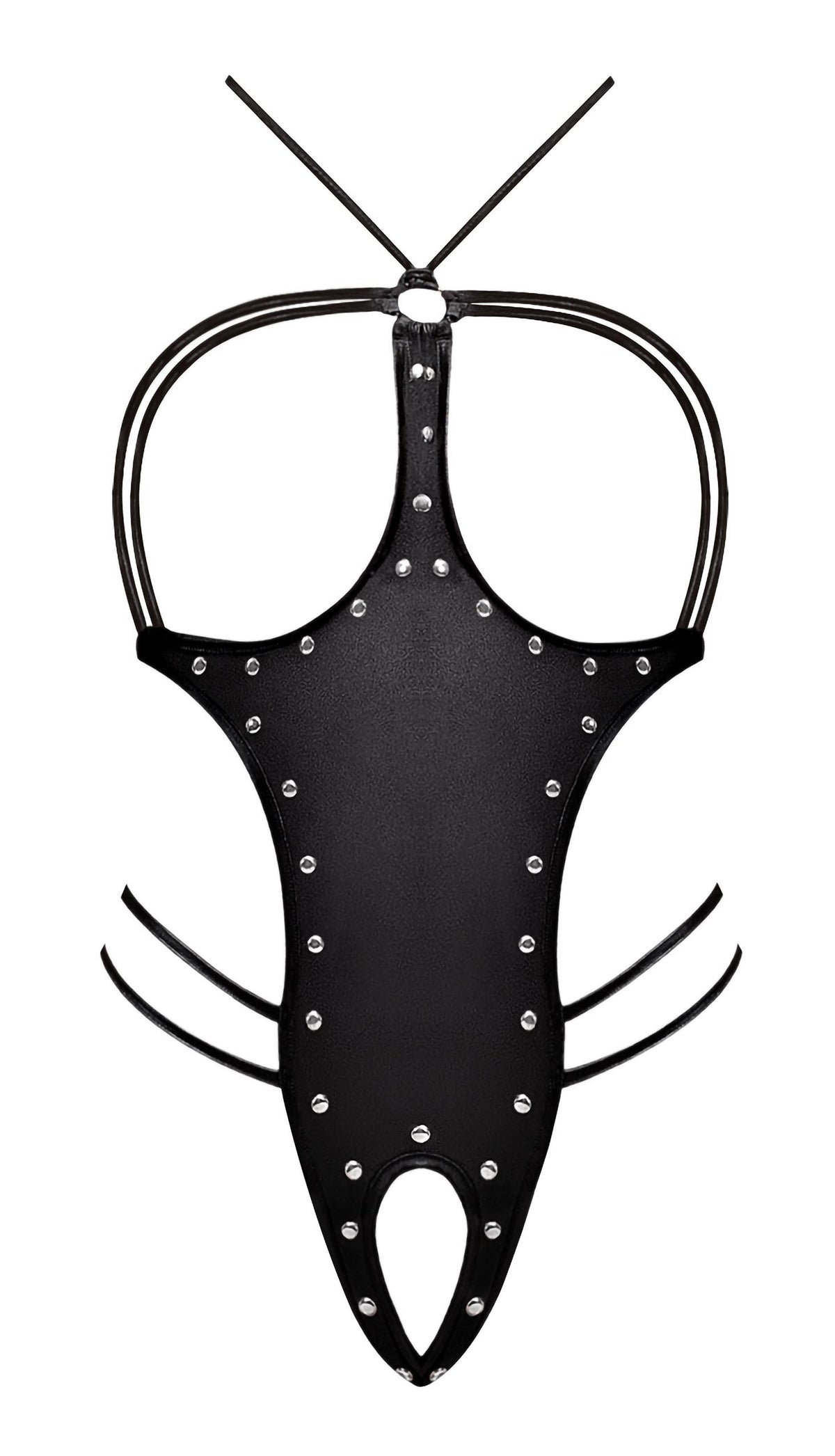 Lust Fetish Medusa Cupless Crotchless Teddy Black S/M featuring a daring design with studs and tie closure.
