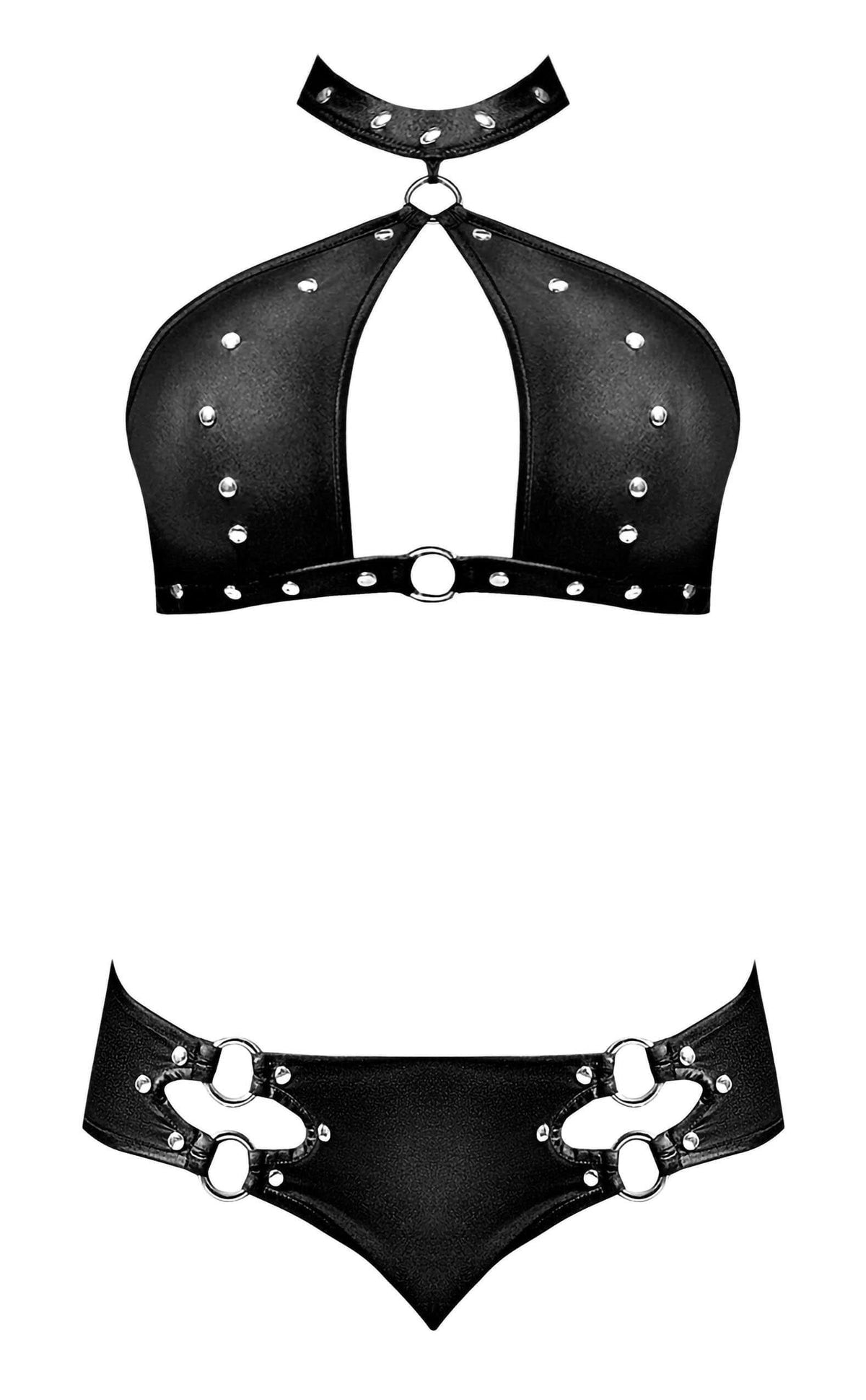 Lust Fetish Juno Black Bra and Shorts Set L/XL featuring edgy choker bra and cutout mini shorts with stud and ring detailing.