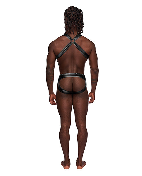 Male Power Uranus Studded Harness Brief Black S/M showcased on a model from the back, highlighting its bold design.